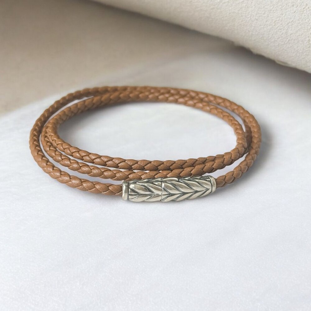 David Yurman Sterling Silver Chevron Triple Brown Leather Bracelet